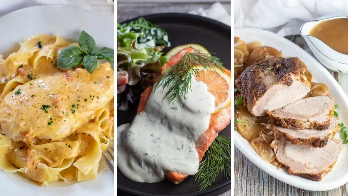 Friday night dinner ideas examples in a side by side collage of 3 great recipes.