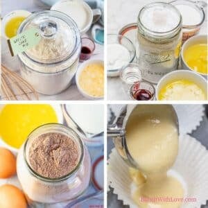 4 pane collage image featuring 3 of Bake It With Love's fan-favorite homemade cake mixes and the bottom right image shows the yellow cake batter from DIY cake mix being portioned into a cupcake liner.