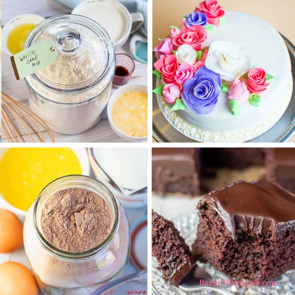 A four-panel collage showcasing homemade cake mix. The top left panel features a glass jar labeled "white cake mix" surrounded by ingredients. The top right panel displays a decorated white cake with fondant covering and pink and purple fondant flowers. The bottom left panel shows a glass jar containing chocolate cake mix ingredients, including eggs and melted butter. The bottom right panel displays a perfect slice of moist chocolate sheet cake and rich chocolate ganache frosting. The text "BakeItWithLove.com" is at the very bottom right corner.