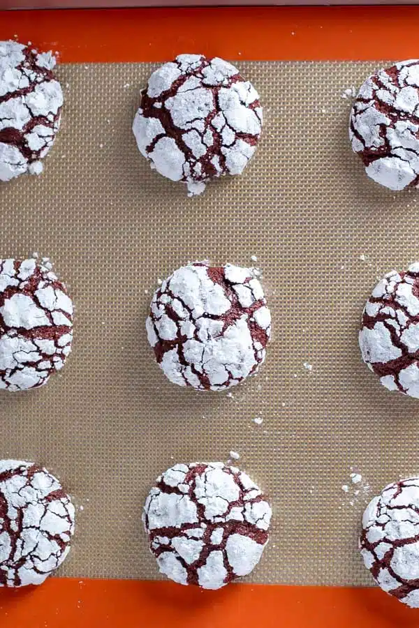 Red velvet crinkle cookies process photo 10 baked and out of the oven to cool on the baking sheet first.