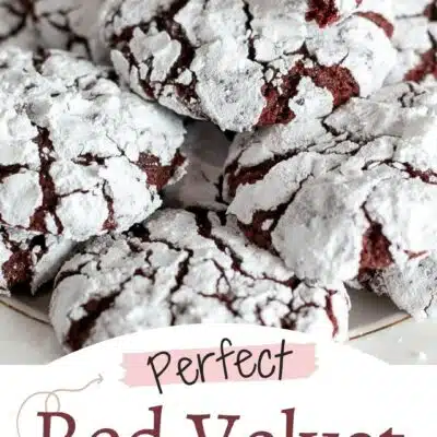 Best red velvet crinkle cookie recipe pin with stacked cookies and a text title footer.