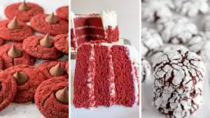 A trio of red velvet Valentine's day treats and desserts in a side by side collage featuring cake and cookies.