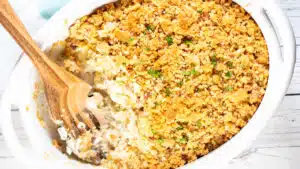 Wide image of Ritz chicken casserole.