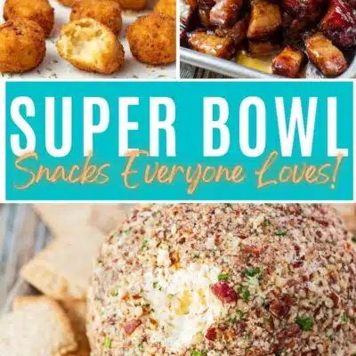 Best Super Bowl snacks pin with three tasty recipes featured in a collage with text title divider.