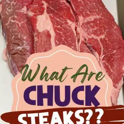 What is chuck steak pin with text bubble over image of two raw chuck steaks in sheetpan.
