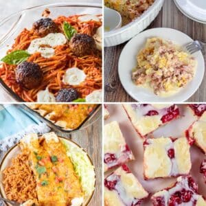 Best winter potluck recipes to make for feeding a crowd like these popular dishes featured in a square collage.