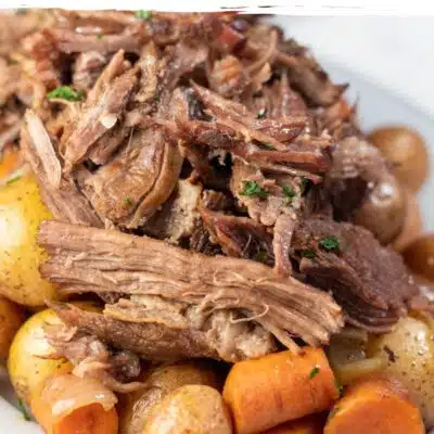 Pin image with text of braised beef chuck roast.