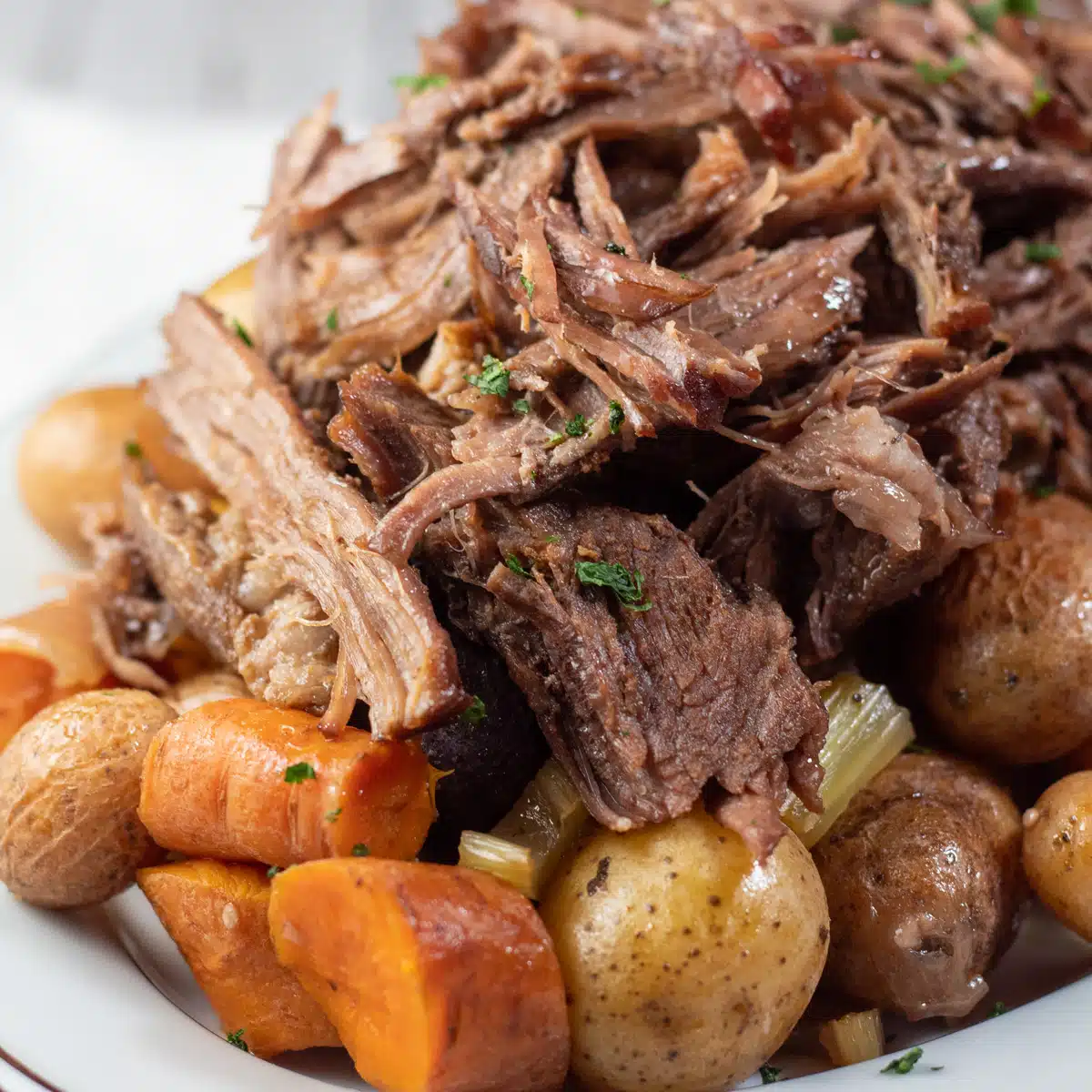 Square image of braised beef chuck roast.