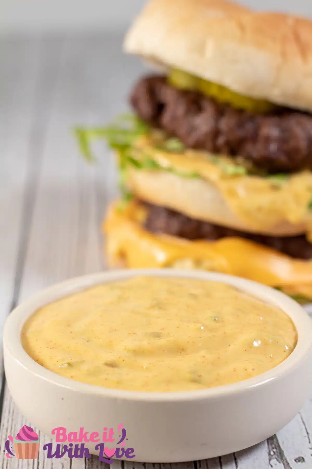 Tall image of big mac sauce in a small bowl.