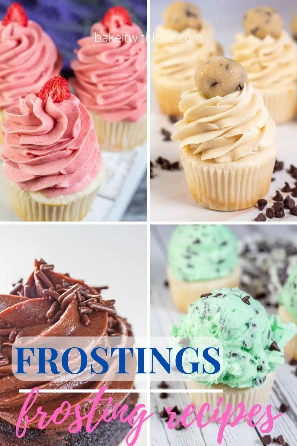 Pin split image with text showing different buttercream frostings.