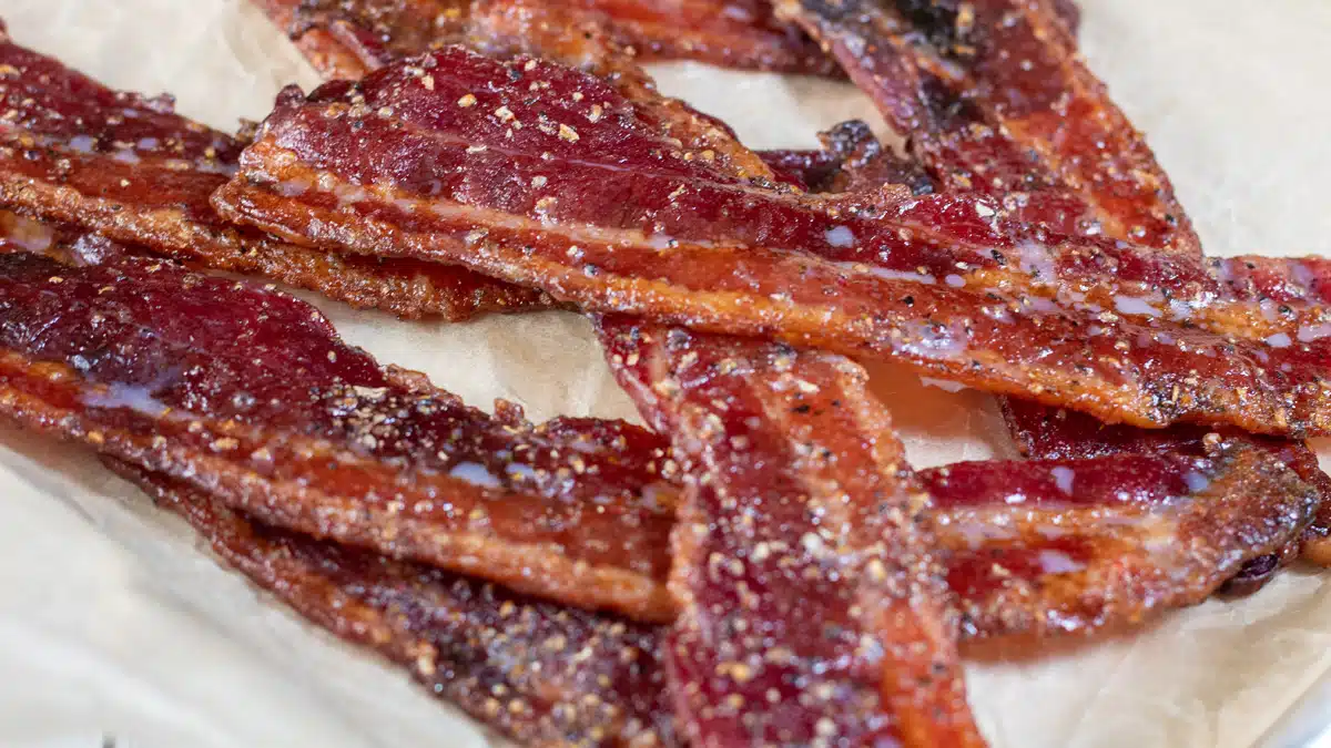 Wide image of candied bacon.