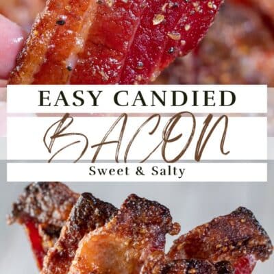 Pin image with text of candied bacon.