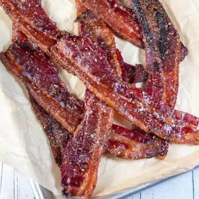 Square image of candied bacon.