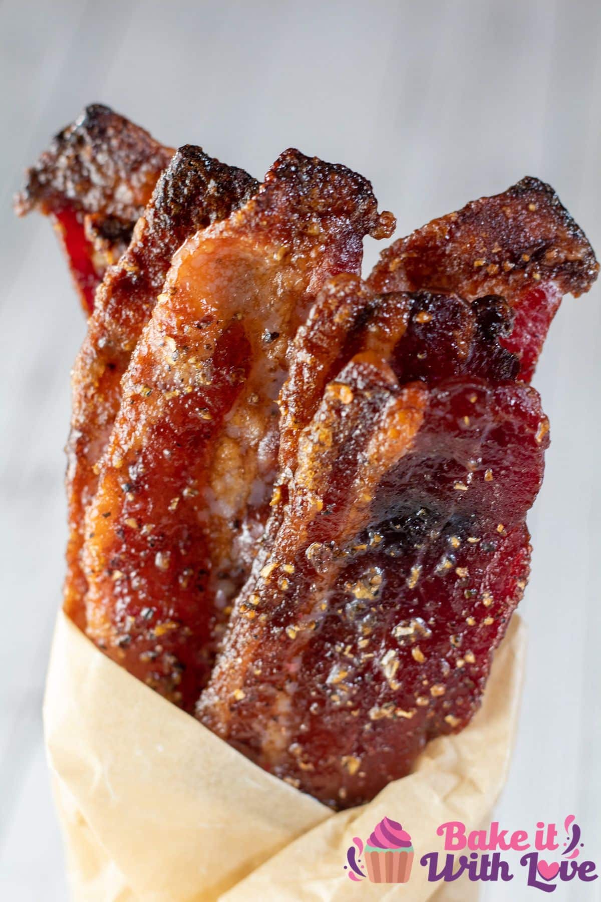 Tall image of candied bacon.