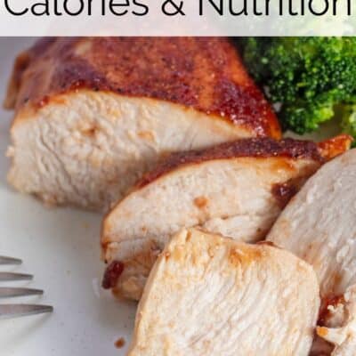 Pin image with text of sliced chicken breast on a plate.