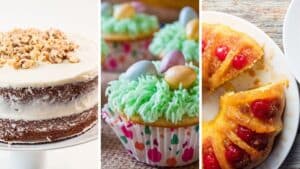 Wide split image showing 3 different Easter cake ideas.