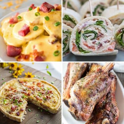 Square split image showing Easter lunch ideas.