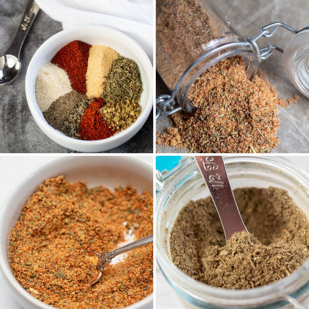 Square split image showing different seasoning mixes you can make at home.