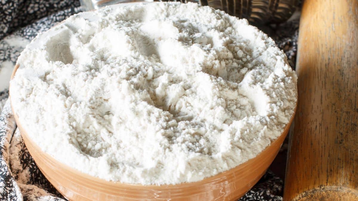 Wide image showing homemade cake flour in a bowl.