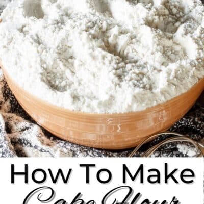 Pin image with text overlay showing homemade cake flour in a bowl.