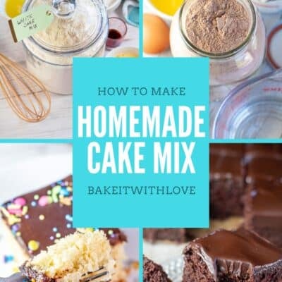 A four-panel collage with a central light blue text box. The top left panel shows a glass jar labeled "white cake mix" surrounded by ingredients. The top right panel features a glass jar of chocolate cake mix ingredients, with eggs and melted butter. The bottom left panel displays a fork holding a bite of yellow cake with chocolate frosting and sprinkles. The bottom right panel shows square slices of chocolate cake with glossy frosting. The central text box reads "how to make homemade cake mix" and "bakeitwithlove".