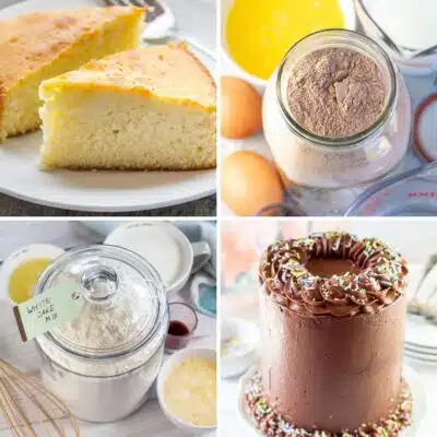 Square split image showing cakes and mixes.