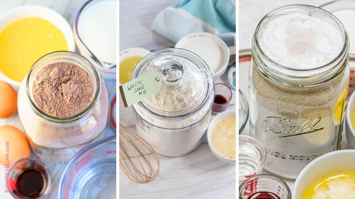 A wide trio of images showing ingredients and types of homemade cake mixes. The leftmost panel displays a glass jar filled with chocolate cake mix, surrounded by wet ingredients like eggs and melted butter. The middle panel features a clear glass jar labeled "white cake mix" surrounded by ingredients. The rightmost panel shows a large mason jar filled with layered dry ingredients for what appears to be a yellow cake mix, surrounded by various wet ingredients in bowls and measuring cups.