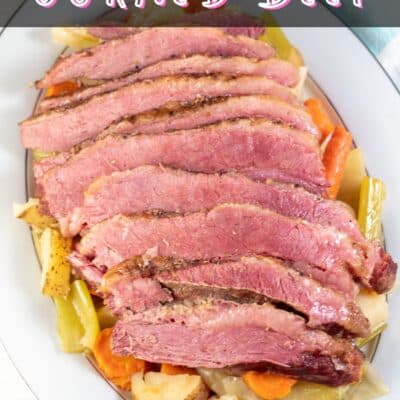 Pin image with text of sliced Instant Pot corned beef.