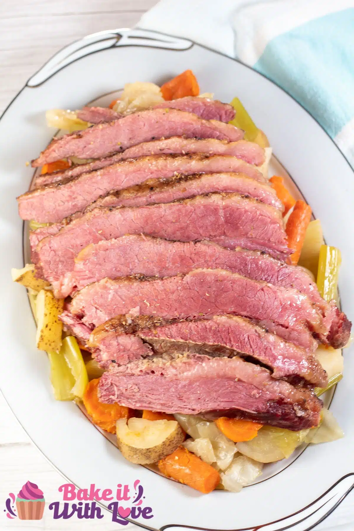 Tall image of sliced Instant Pot corned beef.