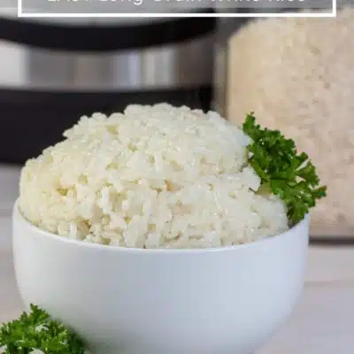 Pin image with text of long grain white rice cooked in a instant pot.