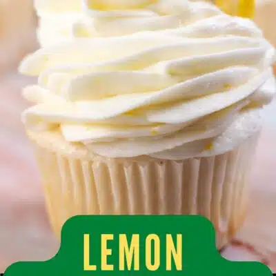 Pin image with text of a cup cake with lemon cream cheese frosting.