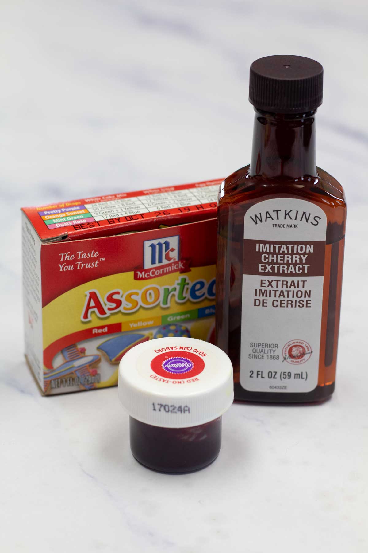 Tall image showing maraschino cherry flavor and color ingredients.
