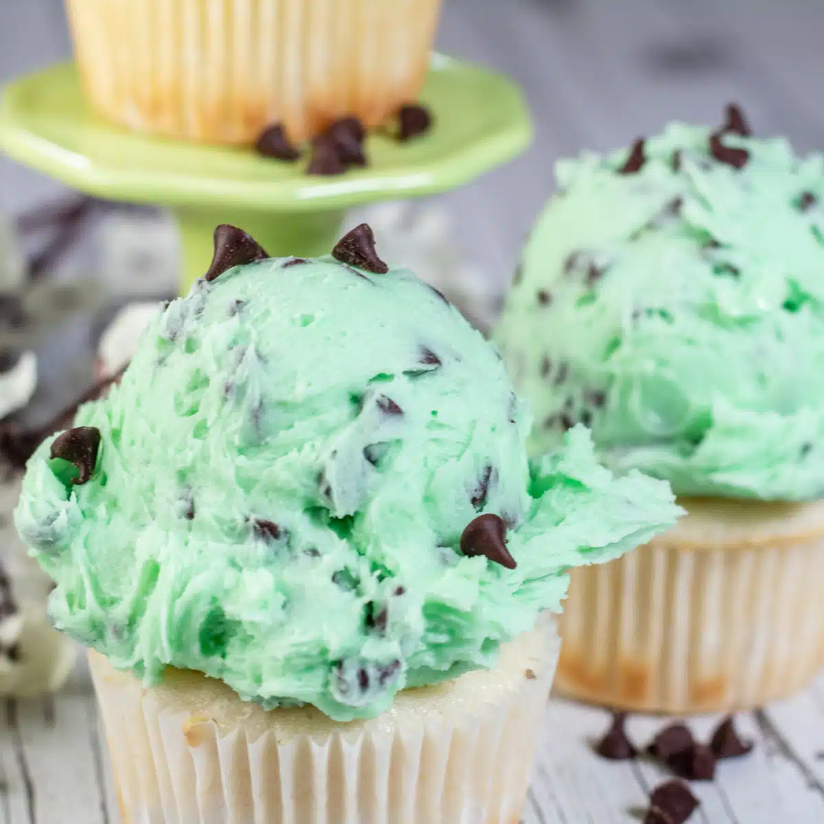 Square image showing mint chocolate chip buttercream frosting on a cupcake.