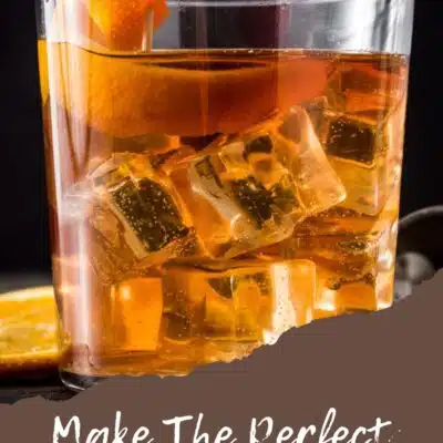 Pin image with text showing old fashioned cocktail drink.