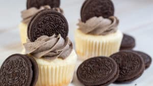 Wide image showing cupcakes with Oreo buttercream frosting.