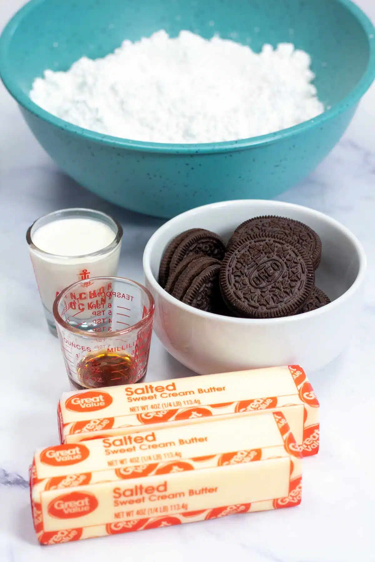 Tall image showing Oreo buttercream frosting ingredients.