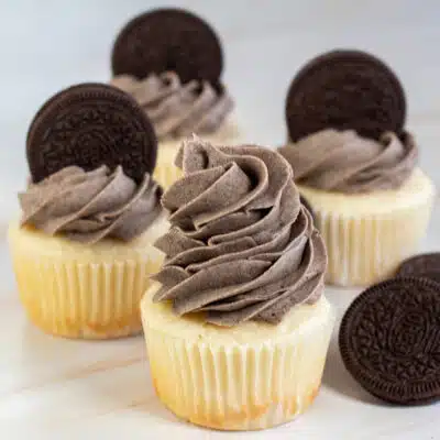 Square image showing cupcakes with Oreo buttercream frosting.