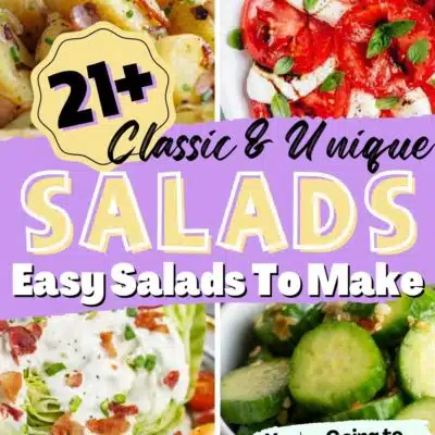 Pin split image with text showing 4 different salads.