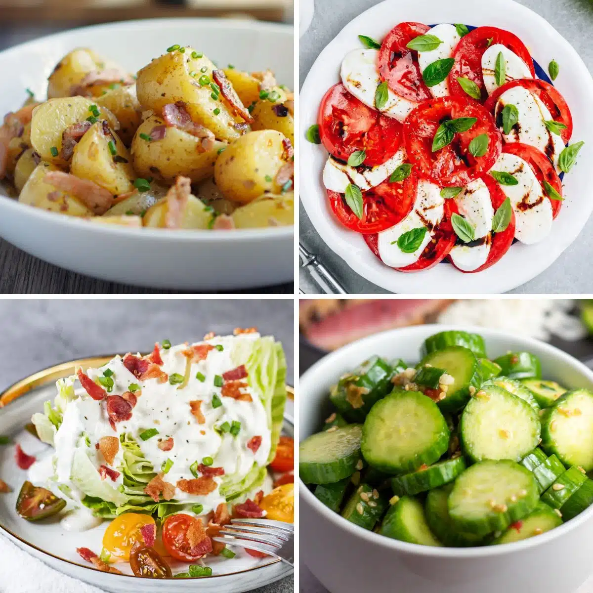 4 farklı salatayı gösteren kare dörtlü bölünmüş resim.