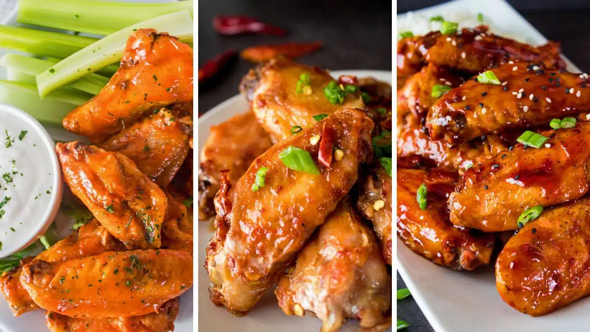 Wide split image showing different sauces for chicken wings.