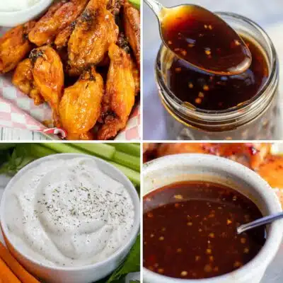 Square split image showing different sauces for chicken wings.