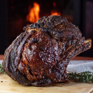 Square image of standing prime rib roast.