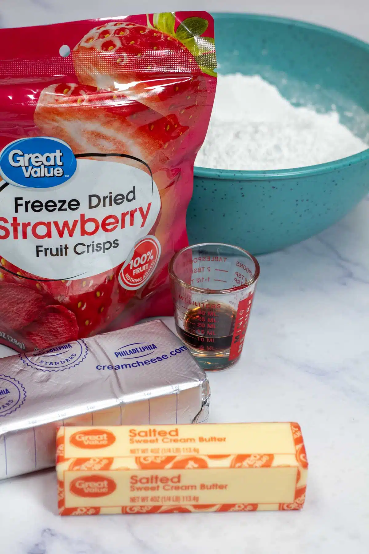 Tall image showing strawberry cream cheese ingredients.