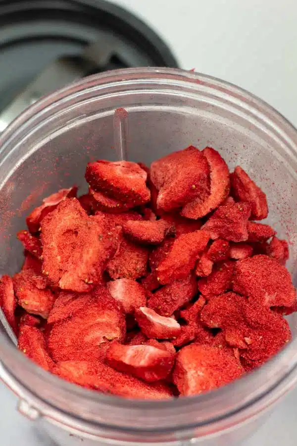 Process image 2 showing freeze dried strawberries in a nutribullet about to be turned into powder.