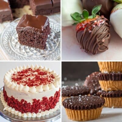 Kvadratna podijeljena slika koja prikazuje 4 različita deserta za Valentinovo.
