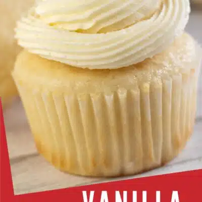 Pin image with text showing vanilla buttercream frosting on a cupcake.