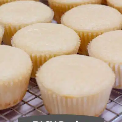 Pin image with text showing vanilla cupcakes.