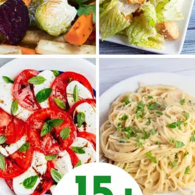 Pin split image with text showing side dishes for chicken Parmesan.