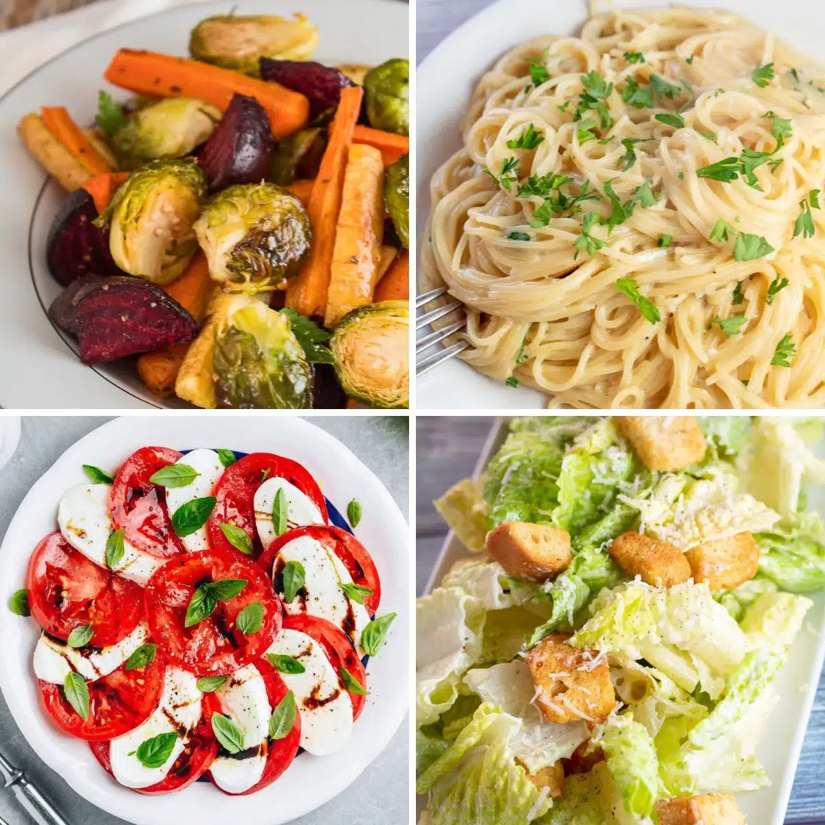 Square split image showing side dishes for chicken Parmesan.