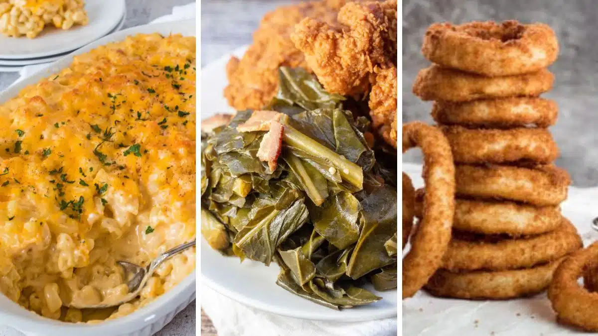 What to serve with pulled pork dinner ideas illustrated in a side by side collage of three tasty recipes to make like collard greens, mac and cheese, and onion rings.